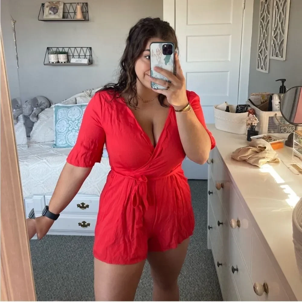 Jun & Ivy Red Scalloped Wrap Front Romper Belted Preppy Boutique